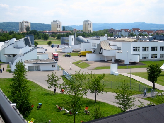 Frank Gehry's Vitra Design Museum on the left with his factory building on the right.
